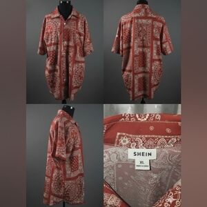 SHEIN Red and White Casual Button Down Shirt Short Sleeve